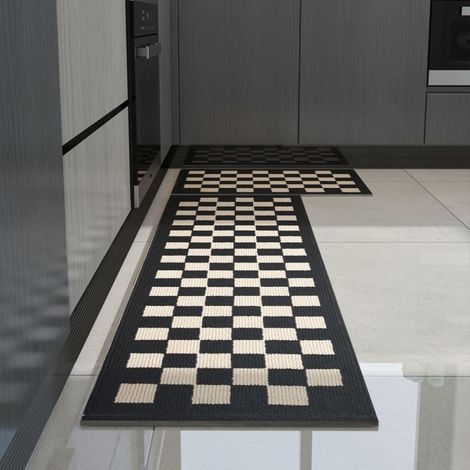 Set 2 tapis de cuisine damier - Dimensions 45x70cm + 45x150cm - Sol pratique et décoratif - Entretien facile (1/5)