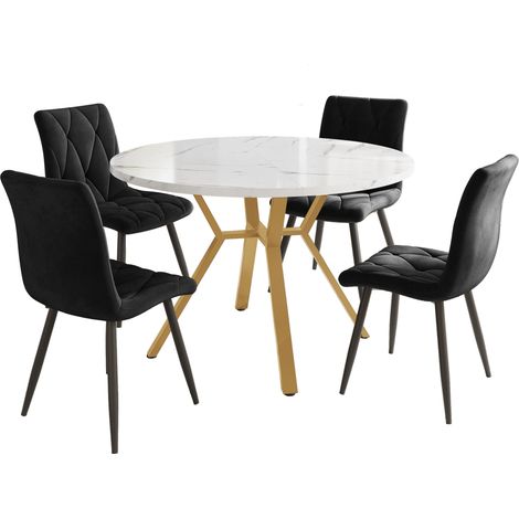 Set da pranzo 5 pezzi: tavolo rotondo in MDF effetto marmo e 4 sedie in velluto (1/5)