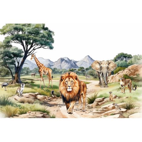 Kinderfototapete Safari Wildtiere Savanne Löwe Elefant Giraffe M167 200x135 (1/5)