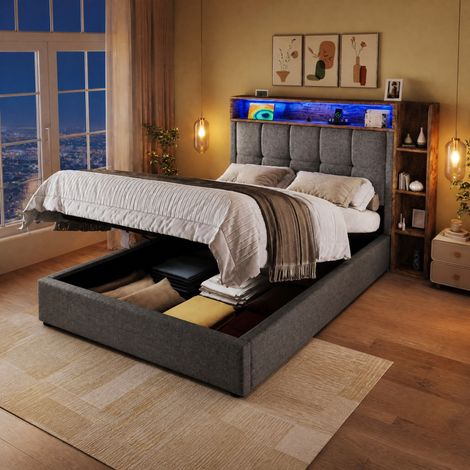 Cama canapé 90x200 cm de lino gris con USB, Type-C, LED y almacenaje, sin colchón - CHICFURN (1/5)