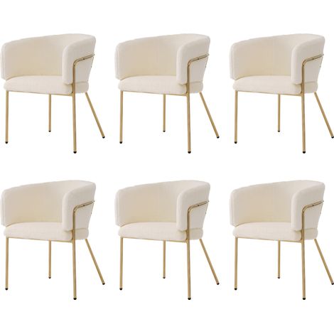 Chaise de loisirs, lot de 6, chaise de coiffeuse, pour salon et chambre à coucher, design luxe léger, chaise de salle à manger, avec quatre pieds de support en métal, imitation duvet de lapin, blanc (1/5)