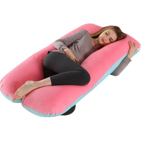 Coussin de grossesse en forme de U avec soutien lombaire, pour dormir sur le côté, rose et bleu, 130 x 70 cm (1/2)