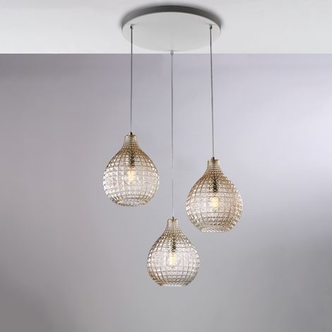 Lampe À Suspension Diamante En Fer Blanc Et Structure Chromée Avec Câbles Réglables Et Diffuseurs En Verre Soufflé Ambré