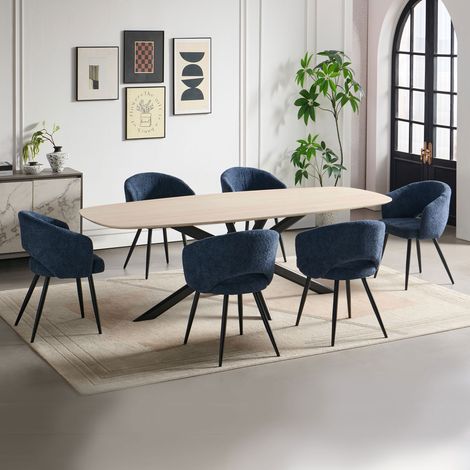 Ensemble table 240 cm effet travertin + 6 chaises tissu bouclette bleu