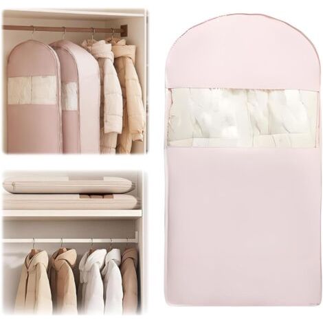 QORVA-1 housse à vêtements suspendue peu encombrante avec fermeture éclair auto-compressante, sac de rangement ultra-compact et compact, housse anti-poussière pour doudoune et garde-robe (rose, taille (1/5)