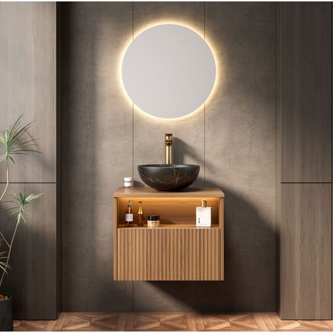 Meuble vasque suspendu 60 cm minimaliste chêne brun et noir, vasque céramique, 1 tiroir et niche ouverte LED (1/5)