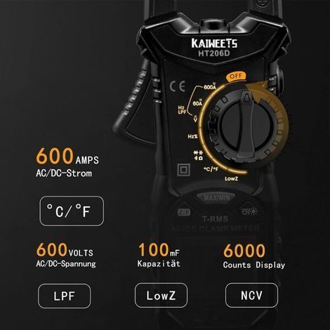 HT206D Stromzange, AC/DC-Messbereich: 0 A – 600 A, digitales Multimeter mit automatischer Moduswahl, LCD-Anzeige, CAT III 600 V (1/4)