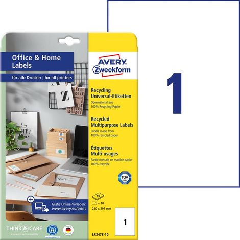 Avery-Zweckform LR3478-10 Etichetta universale 210 x 297 mm Carta riciclata Bianco 10 pz. A tenuta permanente Stampante (1/5)