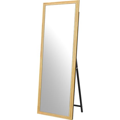 Espejo de cuerpo entero con marco de madera marrón 160 x 50 cm y pie metálico regulable (1/4)