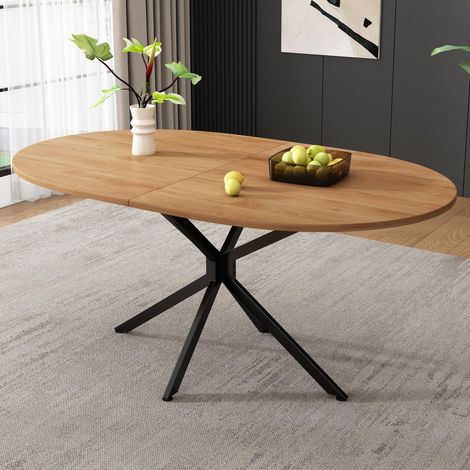 Table à manger, 120x80x75,5 cm, style moderne, robuste et durable, pieds en métal, forme ovale, convient pour 4 à 6 personnes, style simple et moderne, couleur bois naturel. (1/5)