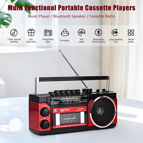 Lettore di cassette, lettore di cassette portatile, registratore compatibile con le bande di frequenza FM/AM/SW, compatibile con cassette/Bluetooth/schede di memoria/registrazione, batterie/alimentato (1/4)