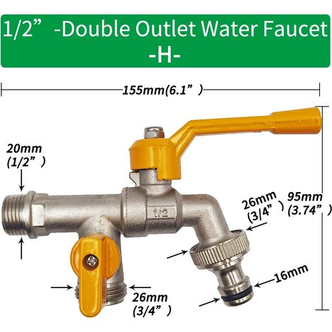 (H-1pcs) Adaptateur de robinet pour tuyau d'arrosage 1/2'', connecteur pour réservoir d'eau IBC, irrigation 2 voies/1 voie, raccord de remplacement en laiton, vanne à bille (1/5)