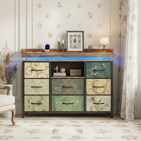 Commode Bois avec 8 tiroirs – Commode chambre avec bande LED RGB et ports USB intégrés, structure en métal – Design scandinave, Vert