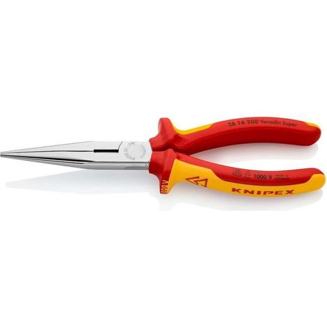 KNIPEX 26 16 200 Pinza per meccanica - con becchi mezzotondi con tronchese (pinza a becchi di cicogna) isolati con manici rivestiti in materiale bicomponente, collaudati VDE cromata 200 mm