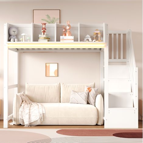 Letto a soppalco per bambini 90x200 cm con illuminazione a LED, contenitore e scaletta, struttura stabile per camera da letto, legno - bianco (1/5)