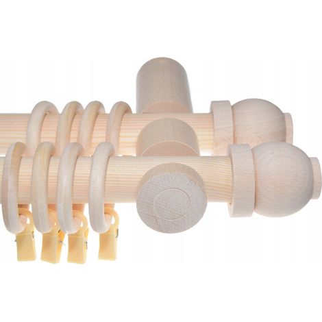 Asta per tende in legno, doppia, moderna, in legno grezzo, 120 cm, con sfera (1/5)