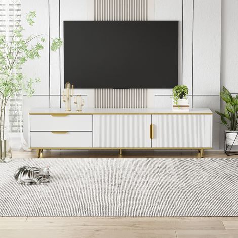 Meuble tv rangement blanc 170 cm bois effet sculpté OKMYHOME (1/5)