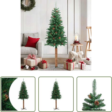 vidaXL Sapin de Noël mince avec bois véritable et cônes vert 150cm PVC (1/5)