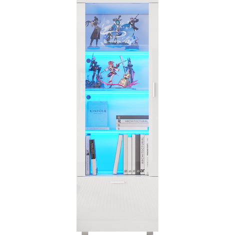 ELVMI Vitrine avec 2 Portes en Acrylique, 3 Étagères en Verre Trempé et LED pour Salon, Blanc, 50 x 40 x 160 cm (1/5)