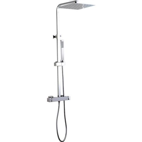 Colonne de douche thermostatique 25 cm x 25 cm – Finition chromée – Pommeau carré en acier inoxydable – Douchette ABS – Flexible 150 cm – Mirlo
