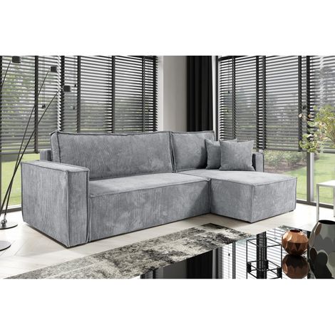 Tendencio – Canapé d'angle convertible en velours côtelé gris clair – Dimensions L240 x P150 x H72 cm – Coffre de rangement – Réversible
