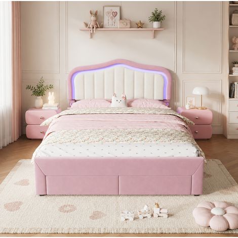 Cama tapizada infantil 140/200 cm rosa con 2 cajones y LED controlado por aplicación (1/5)