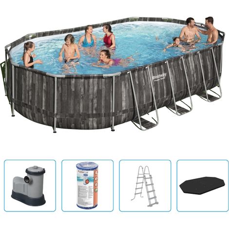 Piscine Bestway Power Steel - 610 x 366 x 122 cm - Imprimé bois - Ovale - Avec pompe de filtration + accessoires (1/5)