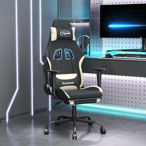 vidaXL Silla gaming con reposapiés tela crema y negro (1/5)