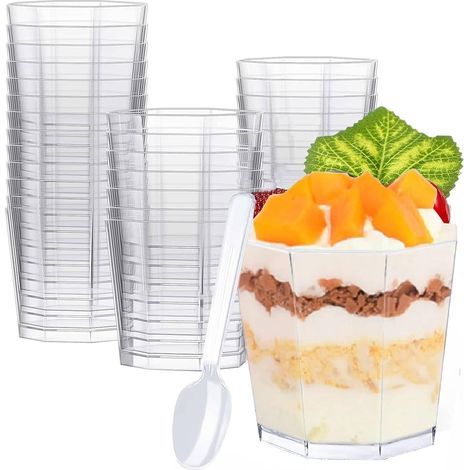 Lot de 50 tasses à dessert transparentes 160 ml + 50 cuillères, réutilisables (1/4)