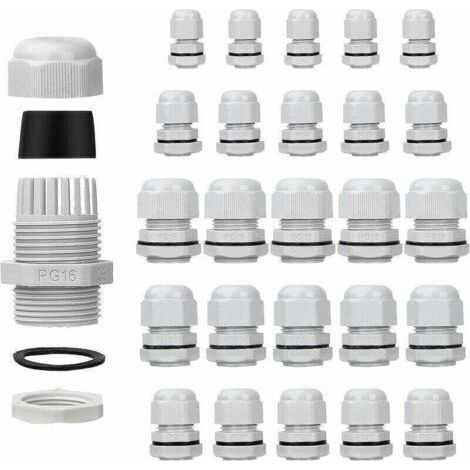 Lot de 25 presse-étoupes étanches - Réglables - PG7 PG9 PG11 PG13.5 PG16 - Connecteurs de cable - écrous de remplissage - Joints en plastique avec rondelle - Blanc (1/4)