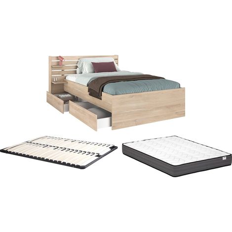 Letto 120 x 190 cm con 4 cassetti - Colore: Naturale + Rete + Materasso - TENALIA