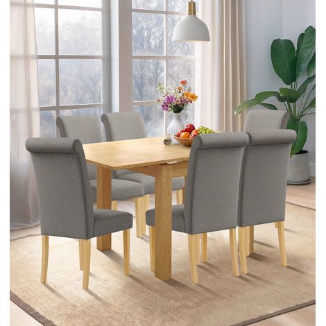 Hallowood Furniture Waverly Extendable Dining Table and Chairs Set 6, Light Oak Small Extending Kitchen Table and Grey Roll Top Linen Fabric Dining Chairs, Wooden Furniture Set for Home or Café (1/5)