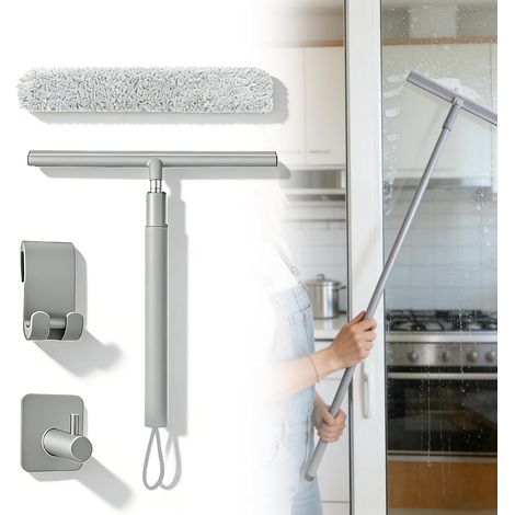 Raclette de Douche Réglable 30-120 cm, Raclette à Vitres avec Télescopique Manche, Raclettes Salle de Bain avec Support, Raclett de Sol, Raclett de Fenêtre pour Verre Miroir Carrelage Fenêtre(Gris) (1/5)