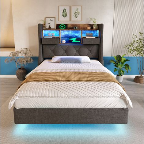 DESVIAE Lit simple capitonné avec LED tête de lit de rangement ports USB et Type C 90 x 200 cm gris lin avec sommier à lattes (1/5)
