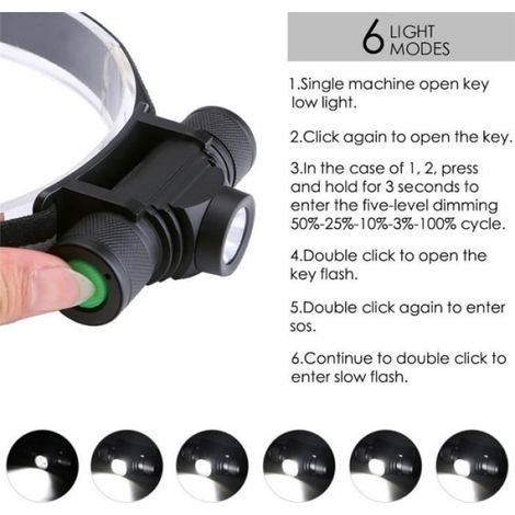 Pas de batterie - Lumière chaude - Lampe frontale alimentée par batterie XML-L2, Rechargeable par USB, 6 Mode (1/4)