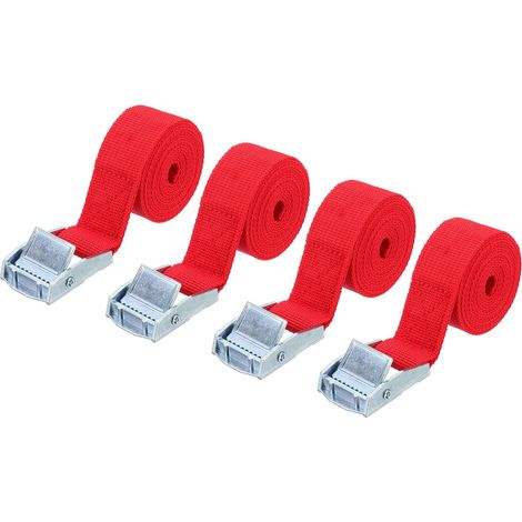 Lot de 4 sangles d'arrimage 0,25 tonne – Polyester haute qualité – Longueur 5 m x 25 mm – Boucles à came à dégagement rapide-Rouge (1/5)
