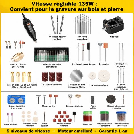 Mini meuleuse électrique 135W outil rotatif multifonction kit sculpture bois et pierre 108 consommables 135w 108 réf 5366 500 g – Livraison gratuite