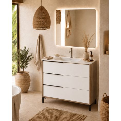 Mobile bagno 80x47 a terra Urban noce bianco opaco lavabo ceramica lucida (1/5)
