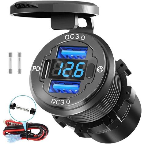 78W Triple-Port 12V Prise USB avec Voltmeter Switch-PD3.0 Dual QC3.0 Prise de chargeur de voiture à charge rapide, Port USB C étanche en alliage d'aluminium pour bateau de voiture RV de moto marine