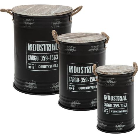 Atmosphera – Lot de 3 coffres en métal noir industriel rétro – Dimensions : D. 27/33,5/40 x H. 41/46,5/51,5 cm – Poignées en chanvre – Plateau en sapin