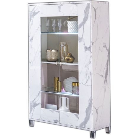 Vitrine 2 portes à Led bois blanc effet marbre vernis et verre trempé Botela 100cm (1/3)