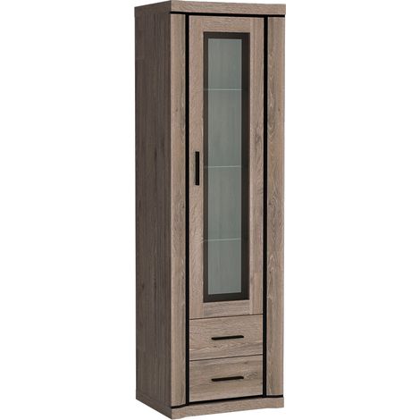 Estantería Lorelie 115, Trufa, Cerrable, Con cajones, Con puertas, Aglomerado laminado, Vidrio templado, Número de puertas: 1, Número de cajones: 2, 192x58x44cm (1/5)
