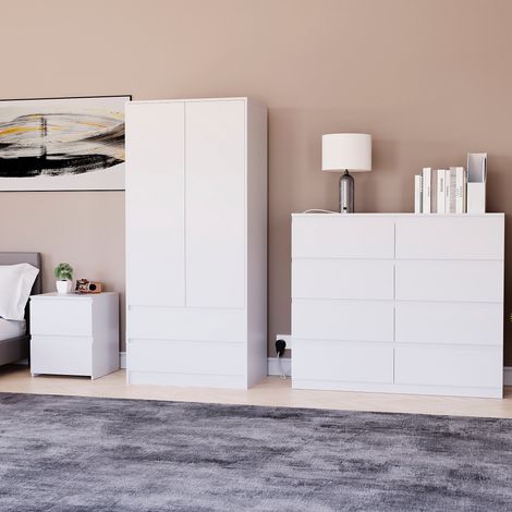 3 Piece Denver Bedroom Set, 2 Drawer Large Bedside Chest, 8 Drawer Chest, 2 Door 2 Drawer Wardrobe, White (1/2)