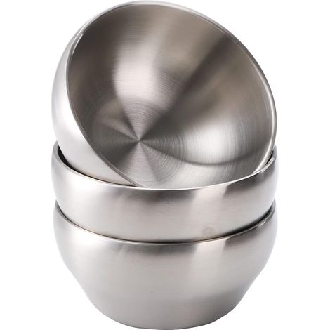Lot de 3 bols en acier inoxydable brossé SUS304 de 800 ml, bols isothermes à double paroi, bols à soupe en acier inoxydable pour céréales, crème glacée, nouilles, 15 cm, passent au (1/5)