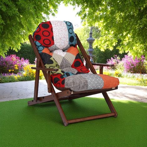 Poltrona in legno pieghevole 3 posizioni - telaio noce cuscino Patchwork (1/5)