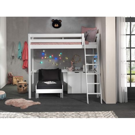 SLEEPY - Lit Mezzanine Blanc 90x200cm avec Fauteuil et Rangement (1/5)