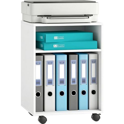 Roulettes avec frein pour un espace ordonné : Table meuble imprimante à 2 étagères pour scanner et fax 40 x 35 x 56 cm Blanc (1/5)