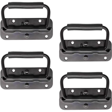 4 Piece Stainless Steel Spring Folding Handle 100 mm Pull Handle for Folding Doors, Folding Crate Handle, Box Handle with Handle for Toolbox, Cabinet Door, Hatch (Black) (1/4)
