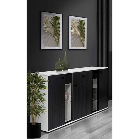 FURNIX buffet SARAI tiroir buffet 3 portes portes vitrées 140 cm blanc noir (1/5)
