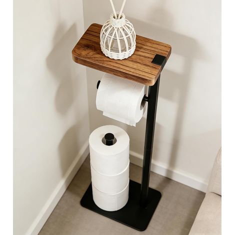 Porte Papier Toilette sur Pied avec Étagère, Métal Noir et Bois (1/5)